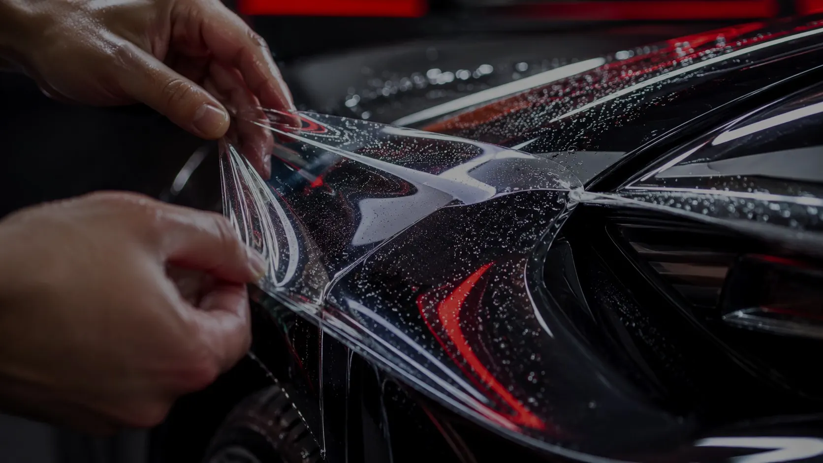 Hands smoothing a wet sheet of clear protection film onto a dark car